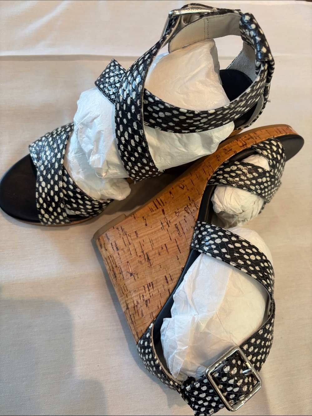 Cole Haan Black & White Patterned Cork Wedge Sandals